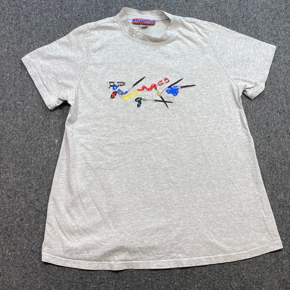 Babys Nest TShirt Sz M Mens Gray Art Paint Embroidery Vintage 90s Made in USA